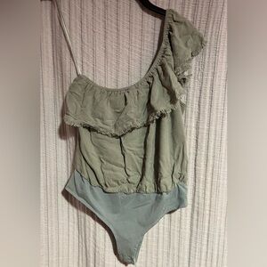 Promesa Light Green Textured Raw Hem Ruffle Bodysuit